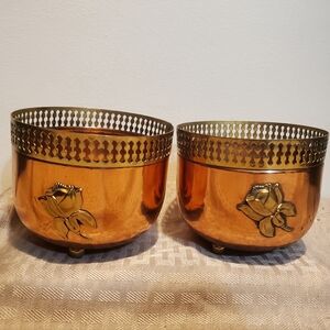 Vtg Brass trim & Copper embosed plant holders/planters flowers are on both sides